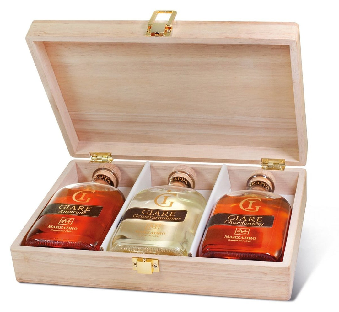 Distilleria Marzadro - Collezione Giare Geschenkset in der Holzkiste 3x0,2L Grappa