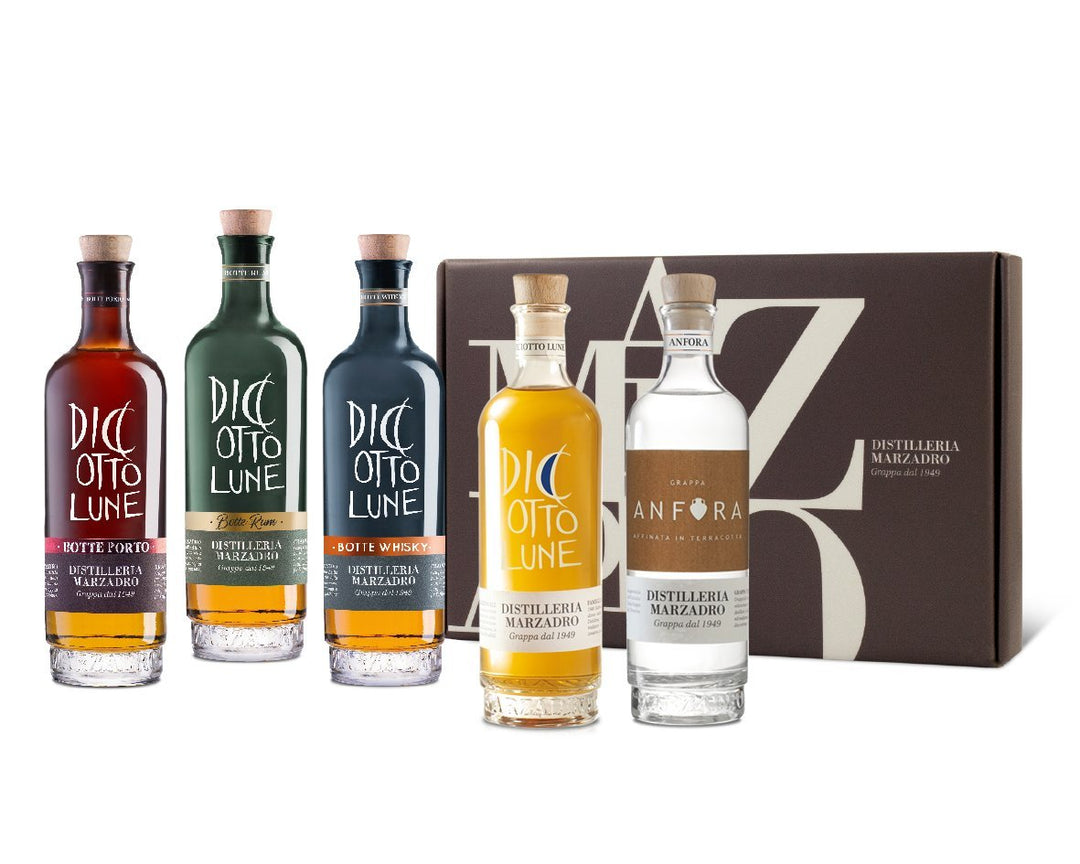 Distilleria Marzadro - Geschenkset Collezione 5 x 20cl 18 Lune/18Lune -Botte Whisky/-Botte Porto/-Botte Rum/ Anfora Grappa